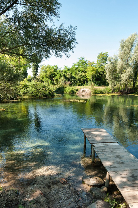 Percorso nel parco esterno della Pila Vecia tra alberi, verde e laghetto